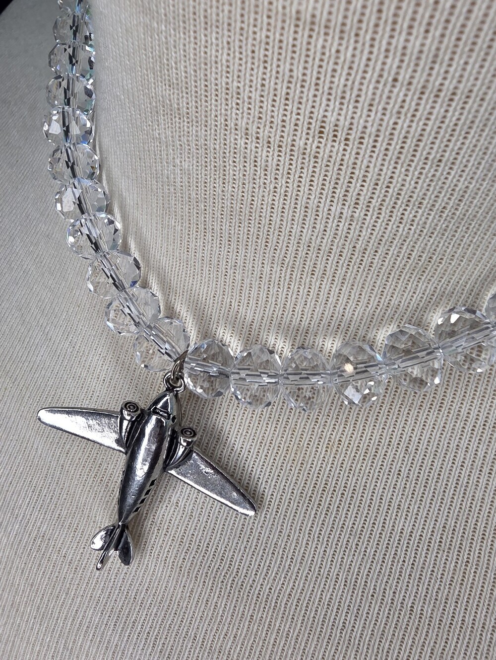Silver Airplane Pendant Necklace with Clear Beads - Unisex Jewelry - Picture 7 of 14